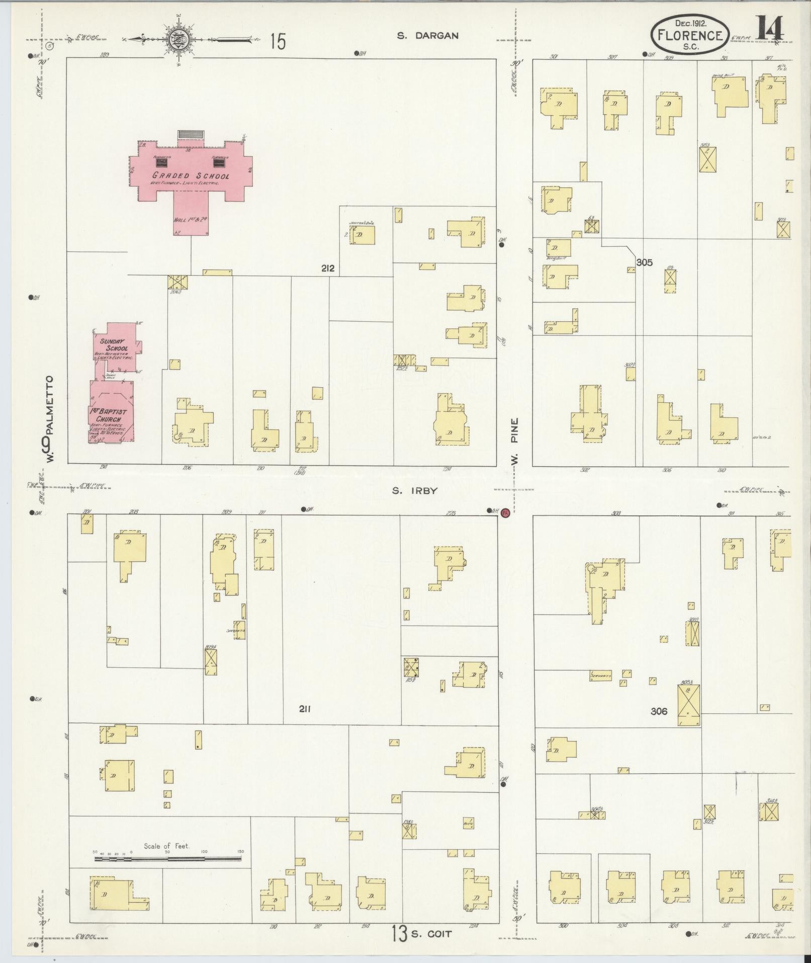 Sanborn Fire Insurance Map from Florence, Florence County, South Carolina (1912), Sheet #0014 - Historic Sanborn Fire Insurance Map Print, vintage old map wall art, antique decor, genealogy gift, South Carolina South Carolina map