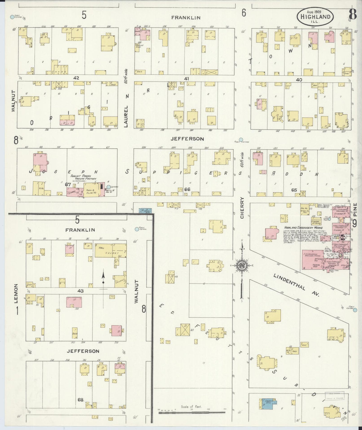 Sanborn Fire Insurance Map from Highland, Madison County, Illinois (1908), Sheet #0008 - Historic Sanborn Fire Insurance Map Print, vintage old map wall art, antique decor, genealogy gift, Illinois Illinois map