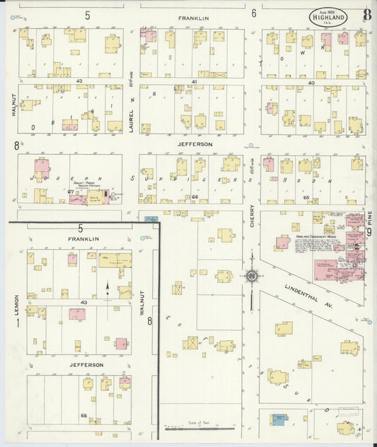 Sanborn Fire Insurance Map from Highland, Madison County, Illinois (1908), Sheet #0008 - Historic Sanborn Fire Insurance Map Print, vintage old map wall art, antique decor, genealogy gift, Illinois Illinois map