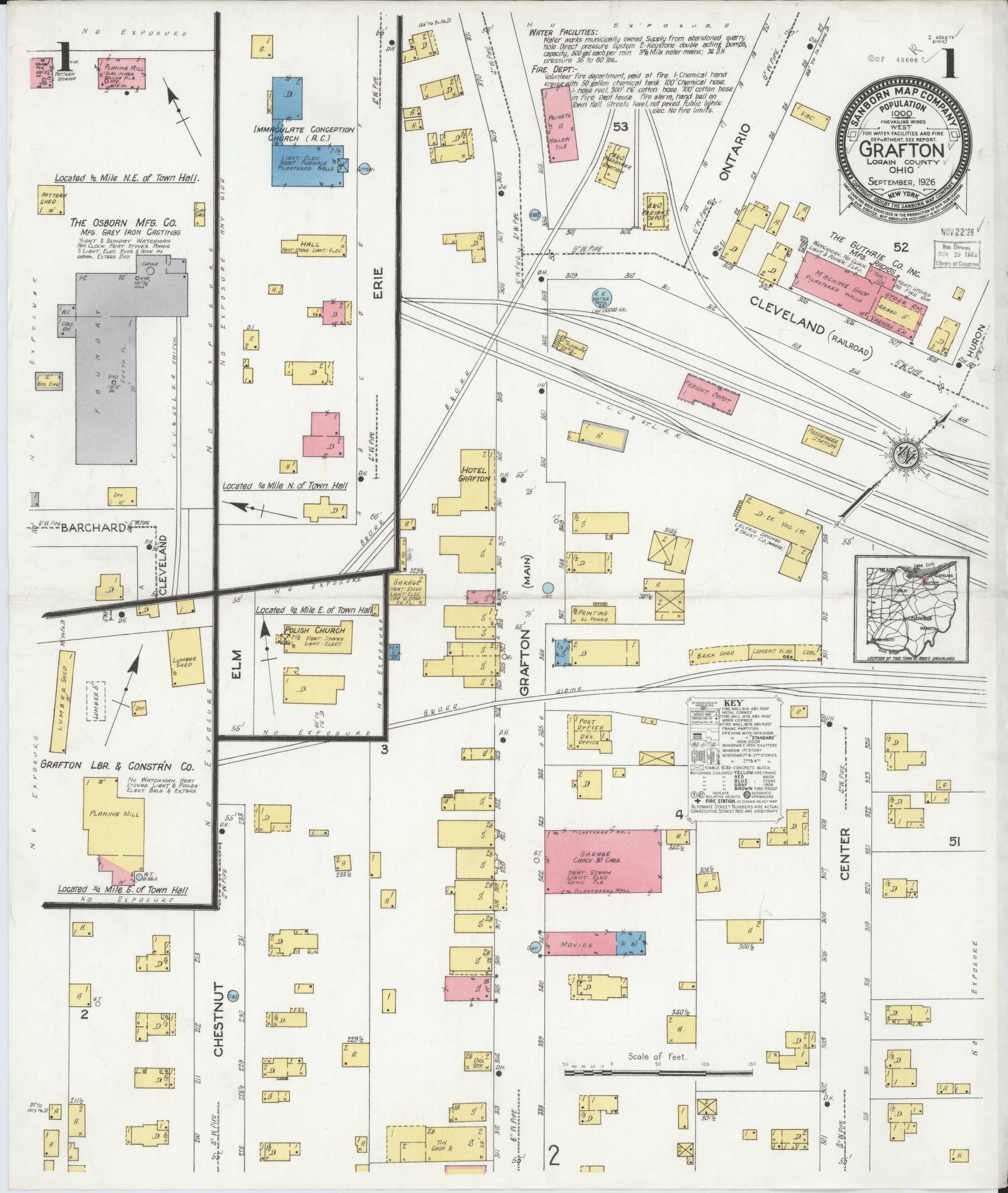 Sanborn Fire Insurance Map from Grafton, Lorain County, Ohio (1926), Sheet #0001 - Historic Sanborn Fire Insurance Map Print, vintage old map wall art, antique decor, genealogy gift, Ohio Ohio map