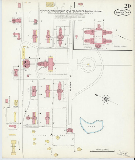 Sanborn Fire Insurance Map from Johnson City, Washington County, Tennessee (1908), Sheet #0020 - Historic Sanborn Fire Insurance Map Print, vintage old map wall art, antique decor, genealogy gift, Tennessee Tennessee map