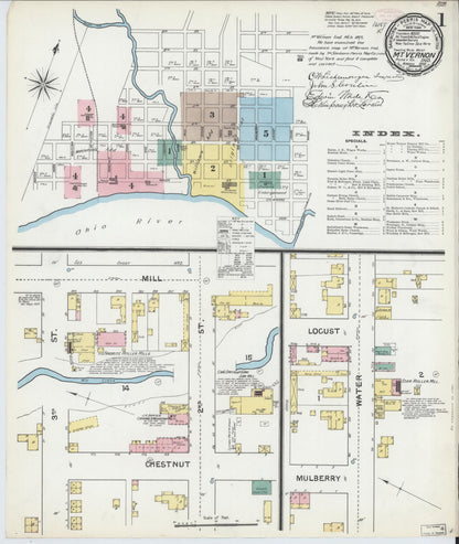 Sanborn Fire Insurance Map from Mount Vernon, Posey County, Indiana (1892), Sheet #0001 - Historic Sanborn Fire Insurance Map Print, vintage old map wall art, antique decor, genealogy gift, Indiana Indiana map
