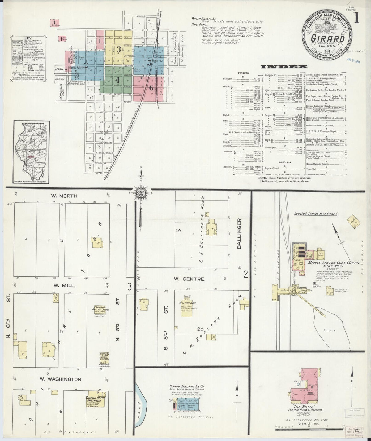 Sanborn Fire Insurance Map from Girard, Macoupin County, Illinois (1914), Sheet #0001 - Complete Map Set gallery image, historic Sanborn map, vintage wall art, Illinois Illinois