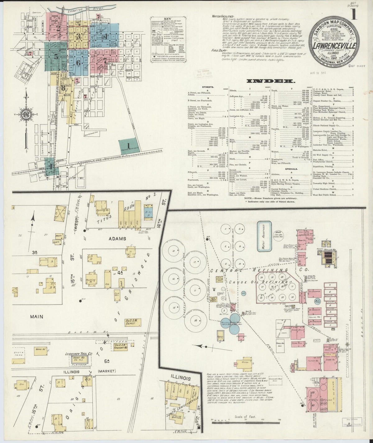 Sanborn Fire Insurance Map from Lawrenceville, Lawrence County, Illinois (1912), Sheet #0001 - Historic Sanborn Fire Insurance Map Print, vintage old map wall art, antique decor, genealogy gift, Illinois Illinois map