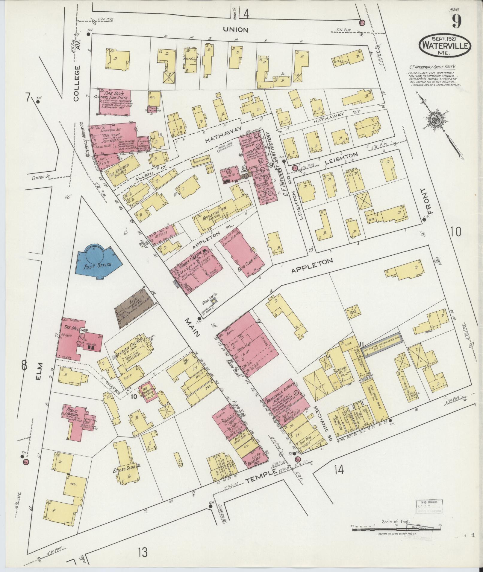 Sanborn Fire Insurance Map from Waterville, Kennebec County, Maine (1921), Sheet #0009 - Complete Map Set gallery image, historic Sanborn map, vintage wall art, Maine Maine