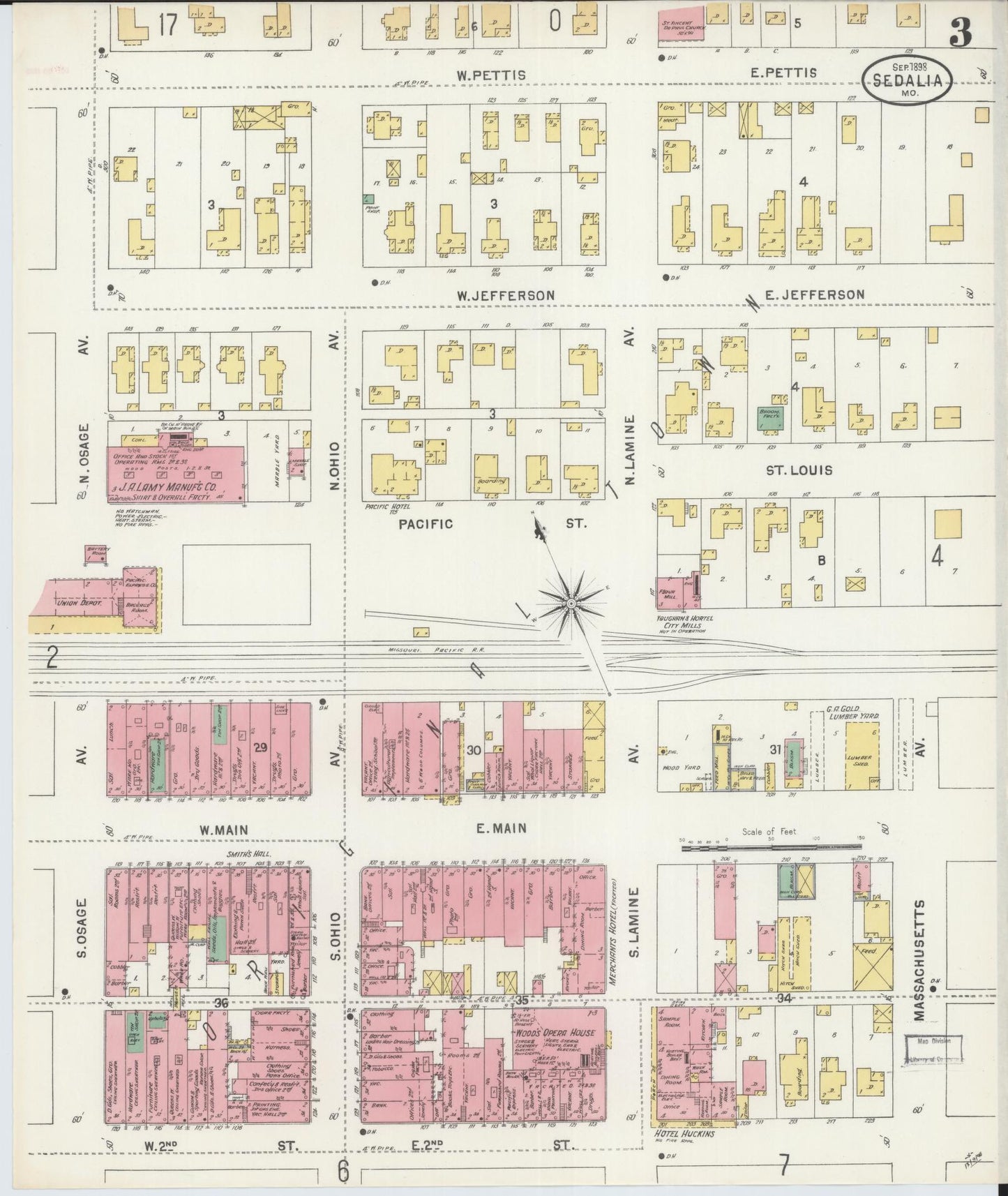 Sanborn Fire Insurance Map from Sedalia, Pettis County, Missouri (1898), Sheet #0003 - Historic Sanborn Fire Insurance Map Print, vintage old map wall art, antique decor, genealogy gift, Missouri Missouri map