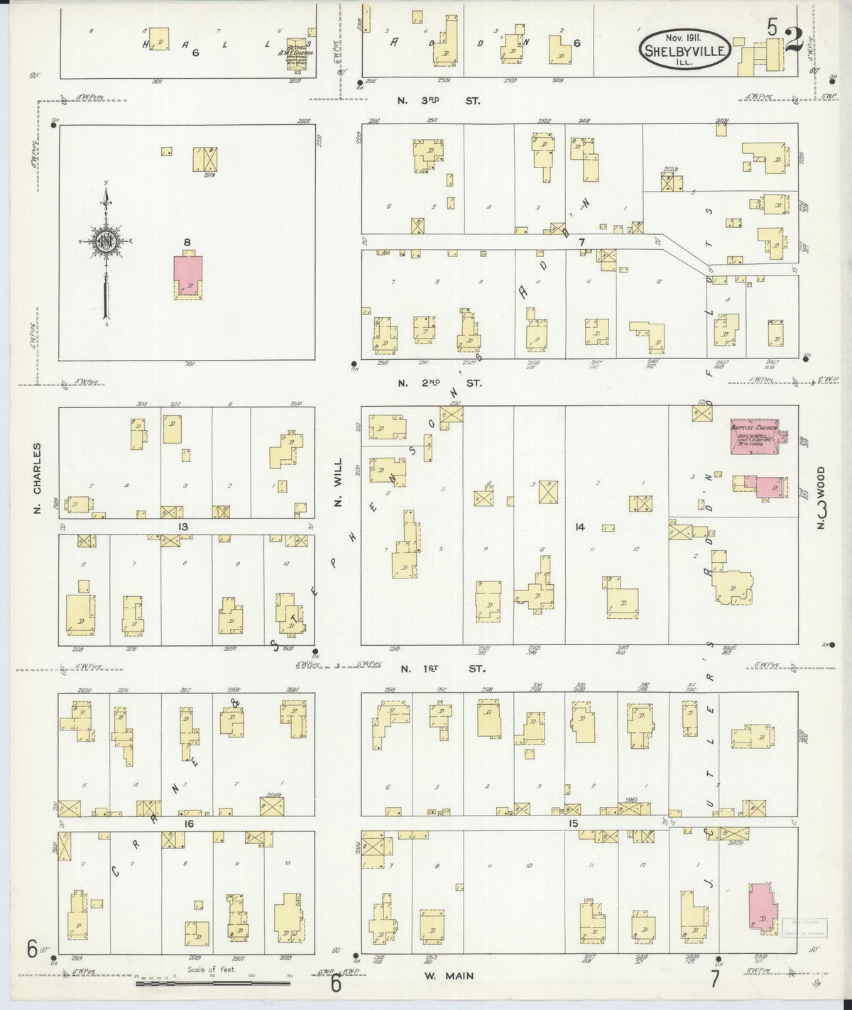 Sanborn Fire Insurance Map from Shelbyville, Shelby County, Illinois (1911), Sheet #0002 - Complete Map Set gallery image, historic Sanborn map, vintage wall art, Illinois Illinois
