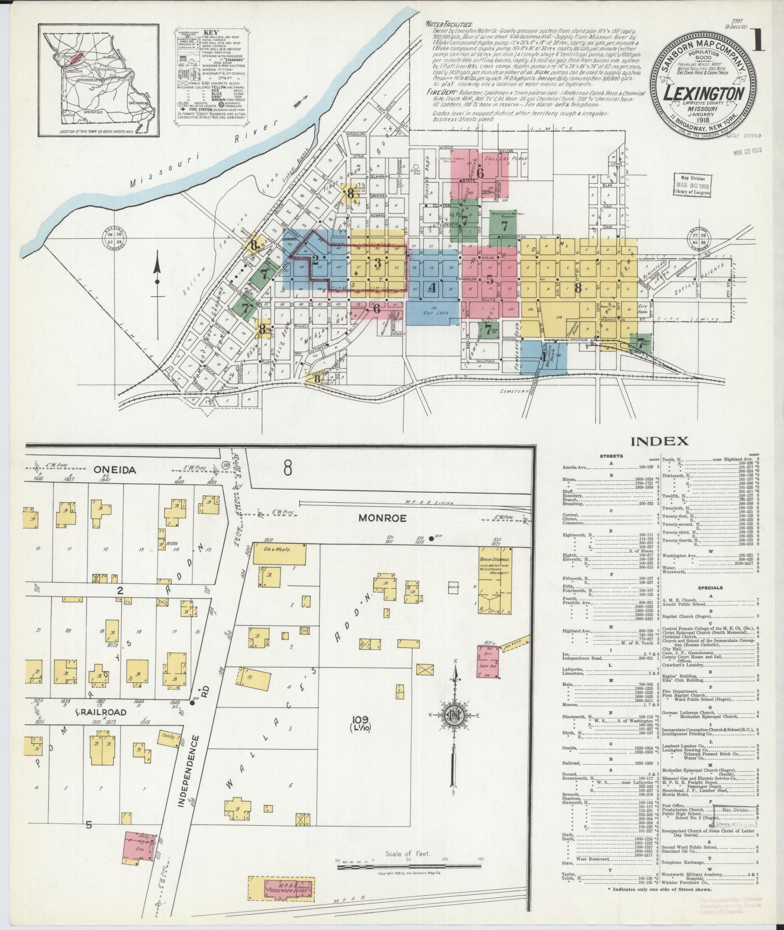Sanborn Fire Insurance Map from Lexington, Lafayette County, Missouri (1918), Sheet #0001 - Complete Map Set gallery image, historic Sanborn map, vintage wall art, Missouri Missouri