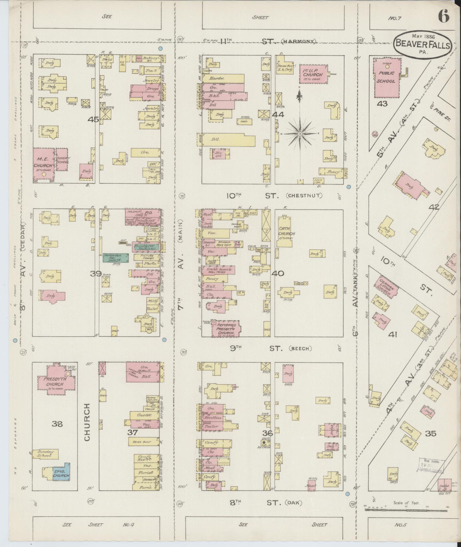 Sanborn Fire Insurance Map from Beaver Falls, Beaver County, Pennsylvania (1886), Sheet #0006 - Historic Sanborn Fire Insurance Map Print, vintage old map wall art, antique decor, genealogy gift, Pennsylvania Pennsylvania map