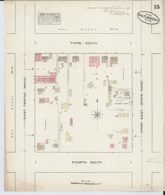 Sanborn Fire Insurance Map from Salt Lake City, Salt Lake County, Utah (1884), Sheet #0015 - Historic Sanborn Fire Insurance Map Print, vintage old map wall art, antique decor, genealogy gift, Utah Utah map