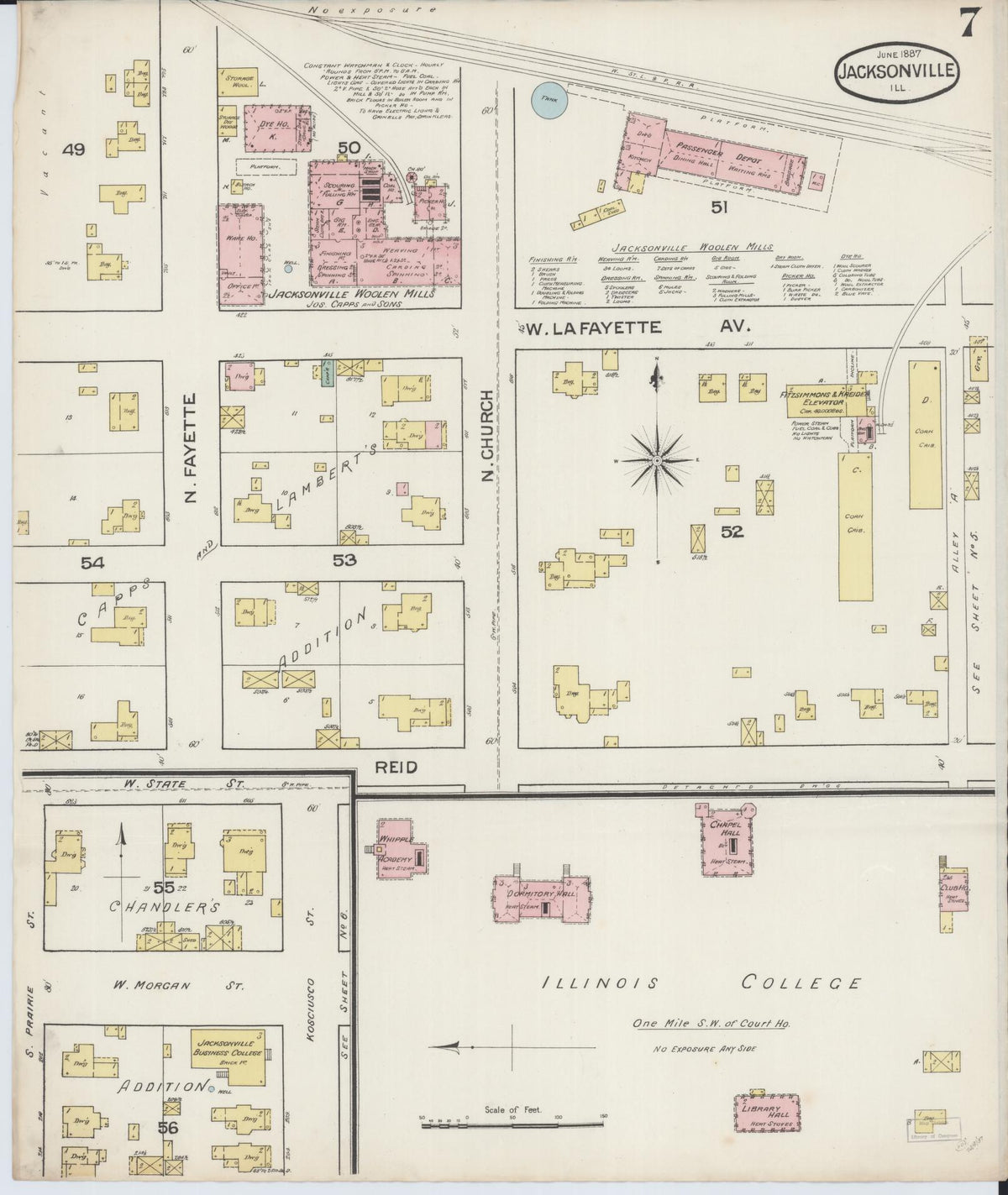 Sanborn Fire Insurance Map from Jacksonville, Morgan County, Illinois (1887), Sheet #0007 - Complete Map Set gallery image, historic Sanborn map, vintage wall art, Illinois Illinois