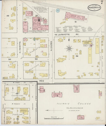 Sanborn Fire Insurance Map from Jacksonville, Morgan County, Illinois (1887), Sheet #0007 - Complete Map Set gallery image, historic Sanborn map, vintage wall art, Illinois Illinois