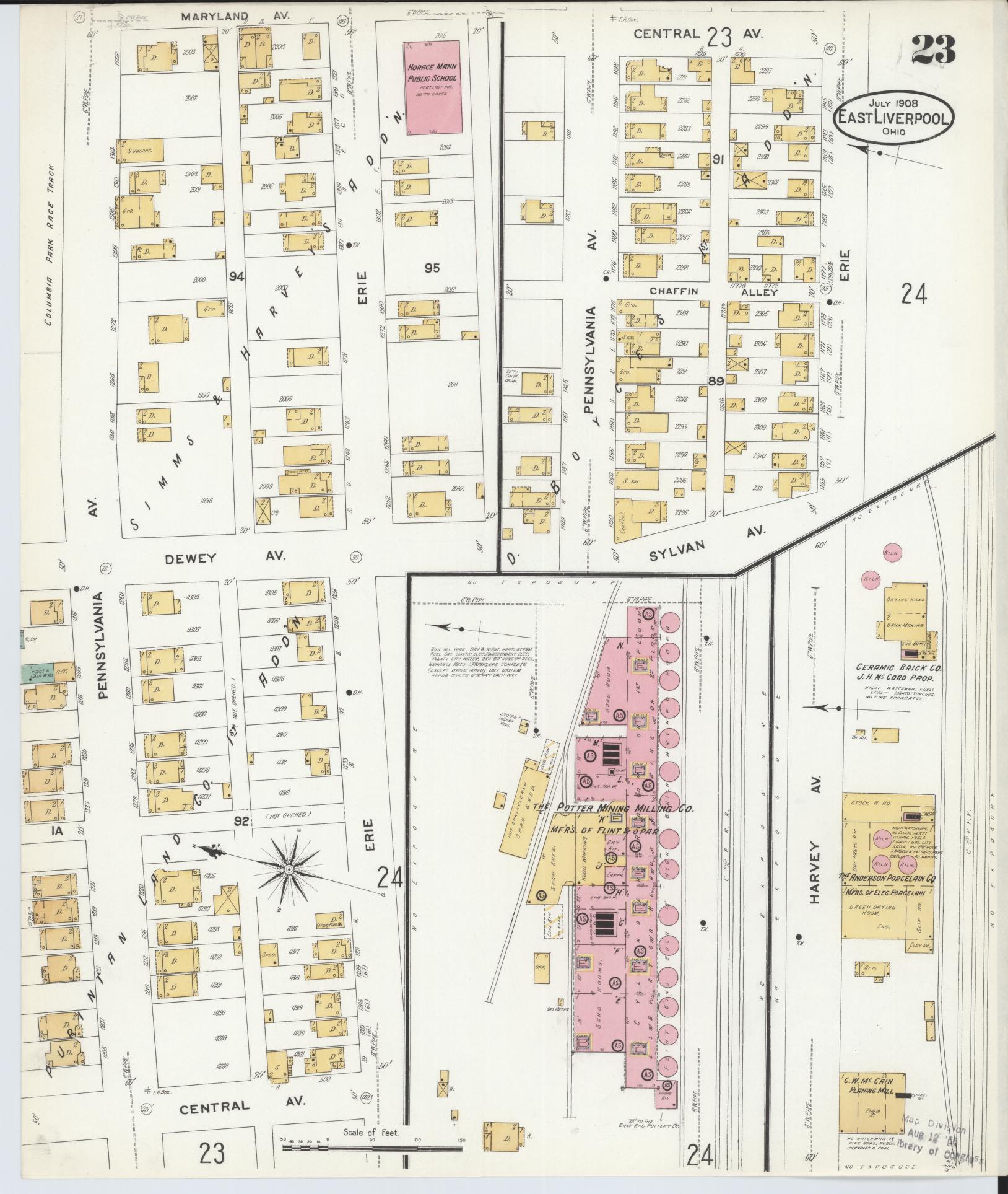Sanborn Fire Insurance Map from East Liverpool, Columbiana County, Ohio (1908), Sheet #0023 - Historic Sanborn Fire Insurance Map Print, vintage old map wall art, antique decor, genealogy gift, Ohio Ohio map