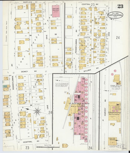 Sanborn Fire Insurance Map from East Liverpool, Columbiana County, Ohio (1908), Sheet #0023 - Historic Sanborn Fire Insurance Map Print, vintage old map wall art, antique decor, genealogy gift, Ohio Ohio map