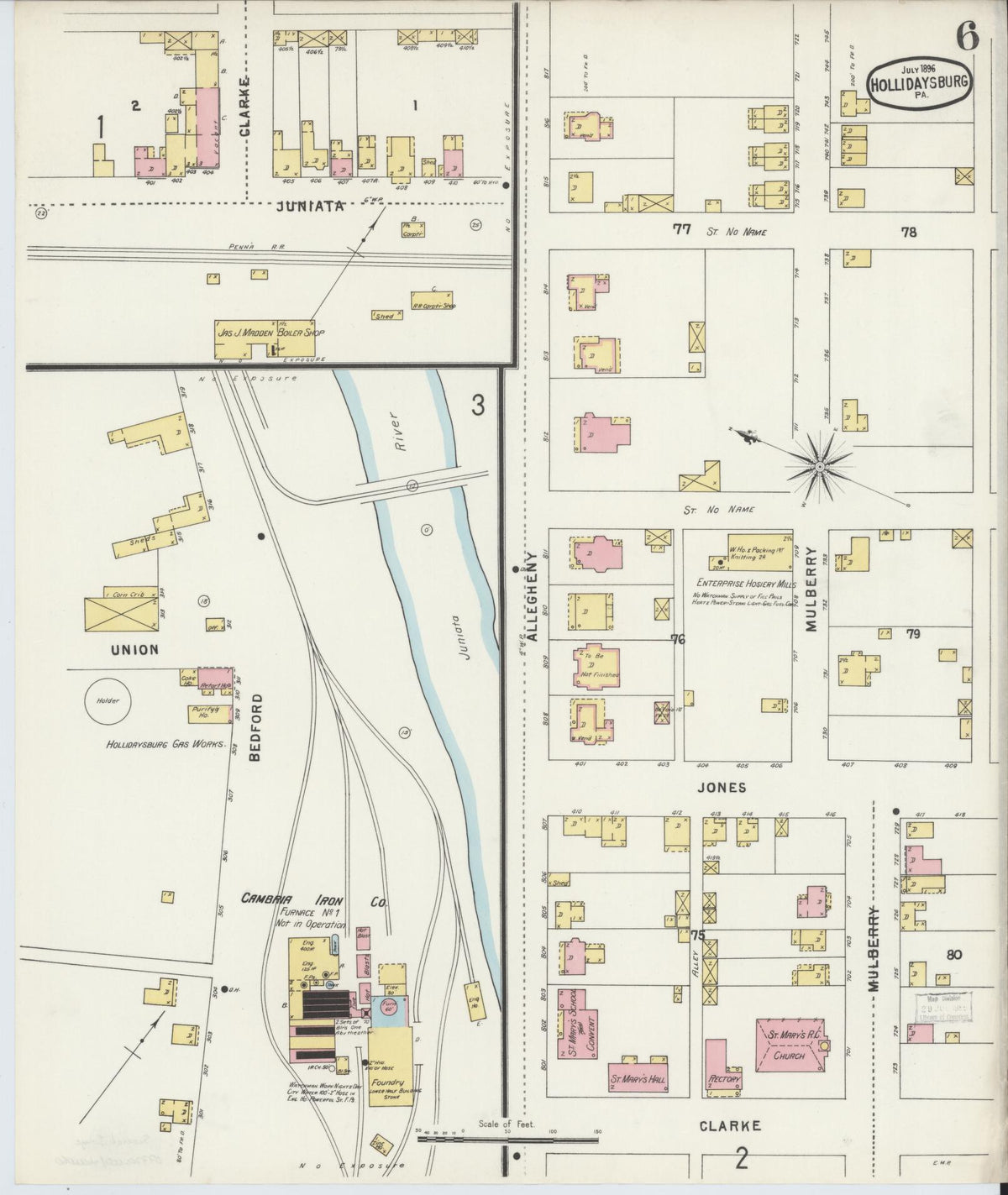 Sanborn Fire Insurance Map from Hollidaysburg, Blair County, Pennsylvania (1896), Sheet #0006 - Historic Sanborn Fire Insurance Map Print, vintage old map wall art, antique decor, genealogy gift, Pennsylvania Pennsylvania map