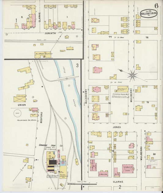 Sanborn Fire Insurance Map from Hollidaysburg, Blair County, Pennsylvania (1896), Sheet #0006 - Historic Sanborn Fire Insurance Map Print, vintage old map wall art, antique decor, genealogy gift, Pennsylvania Pennsylvania map