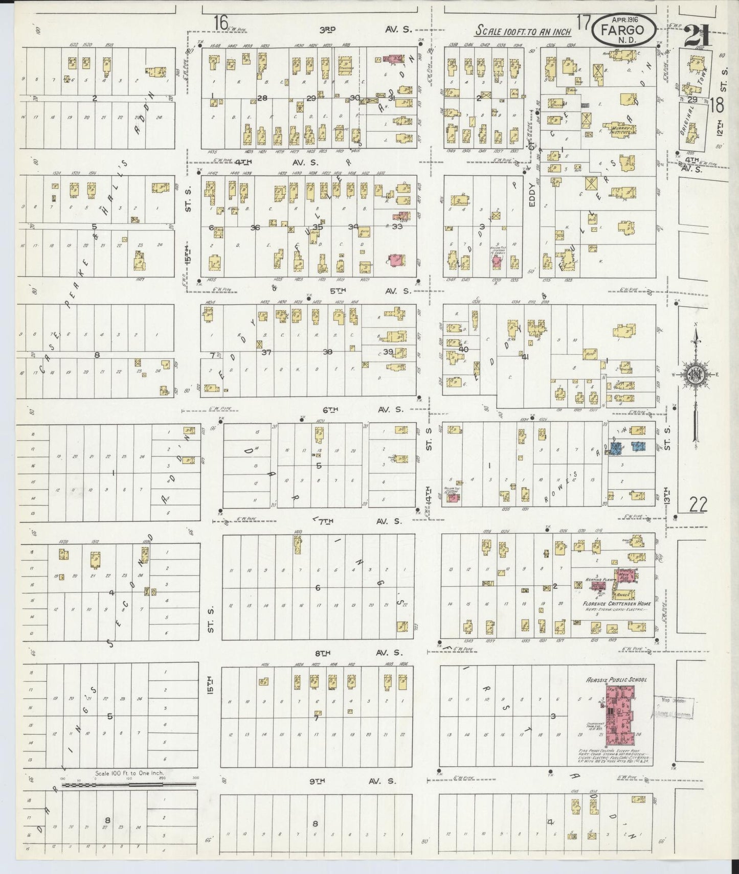 Sanborn Fire Insurance Map from Fargo, Cass County, North Dakota (1916), Sheet #0021 - Historic Sanborn Fire Insurance Map Print, vintage old map wall art, antique decor, genealogy gift, North Dakota North Dakota map