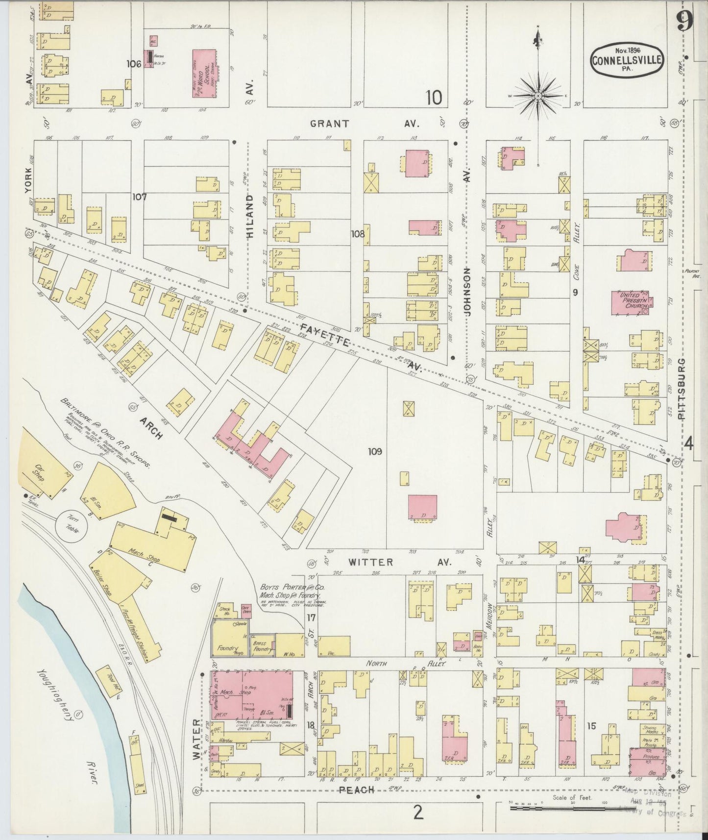 Sanborn Fire Insurance Map from Connellsville, Fayette County, Pennsylvania (1896), Sheet #0009 - Historic Sanborn Fire Insurance Map Print, vintage old map wall art, antique decor, genealogy gift, Pennsylvania Pennsylvania map