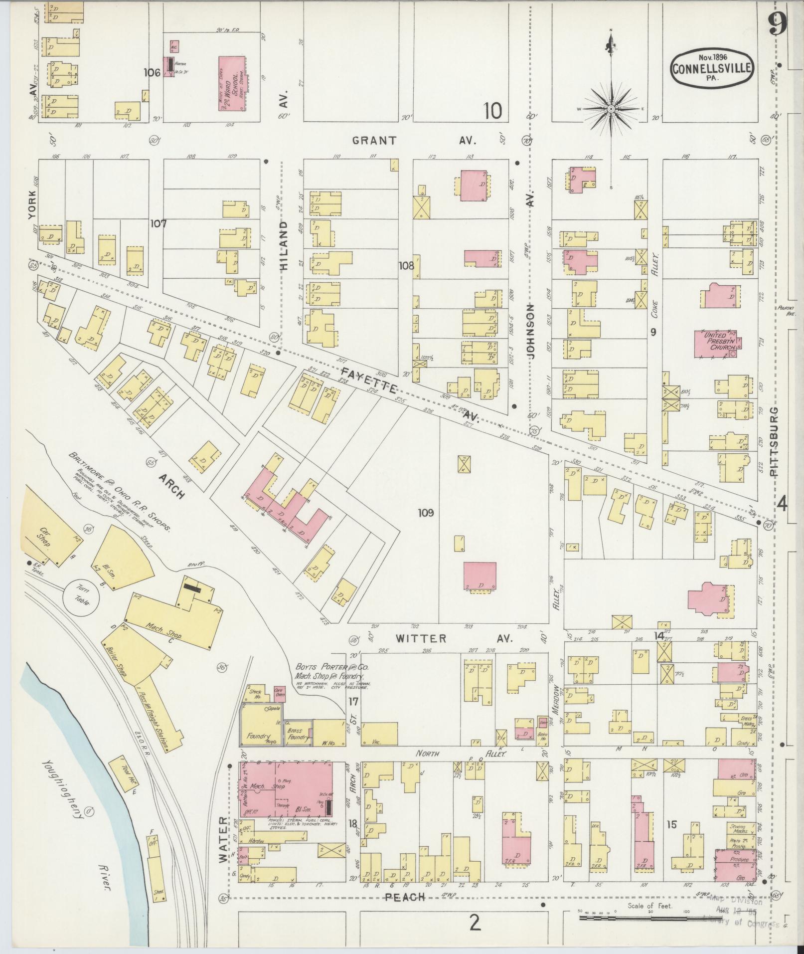 Sanborn Fire Insurance Map from Connellsville, Fayette County, Pennsylvania (1896), Sheet #0009 - Historic Sanborn Fire Insurance Map Print, vintage old map wall art, antique decor, genealogy gift, Pennsylvania Pennsylvania map