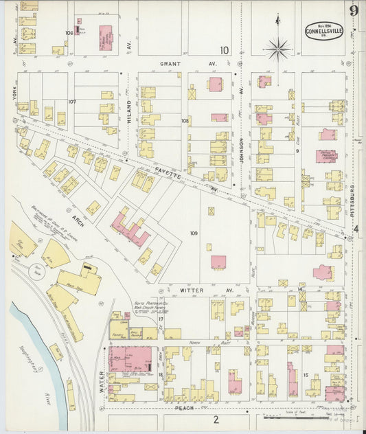 Sanborn Fire Insurance Map from Connellsville, Fayette County, Pennsylvania (1896), Sheet #0009 - Historic Sanborn Fire Insurance Map Print, vintage old map wall art, antique decor, genealogy gift, Pennsylvania Pennsylvania map