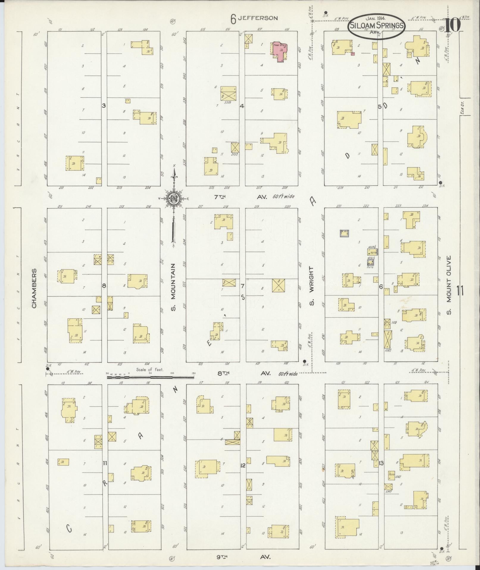 Sanborn Fire Insurance Map from Siloam Springs, Benton County, Arkansas (1914), Sheet #0010 - Historic Sanborn Fire Insurance Map Print, vintage old map wall art, antique decor, genealogy gift, Arkansas Arkansas map