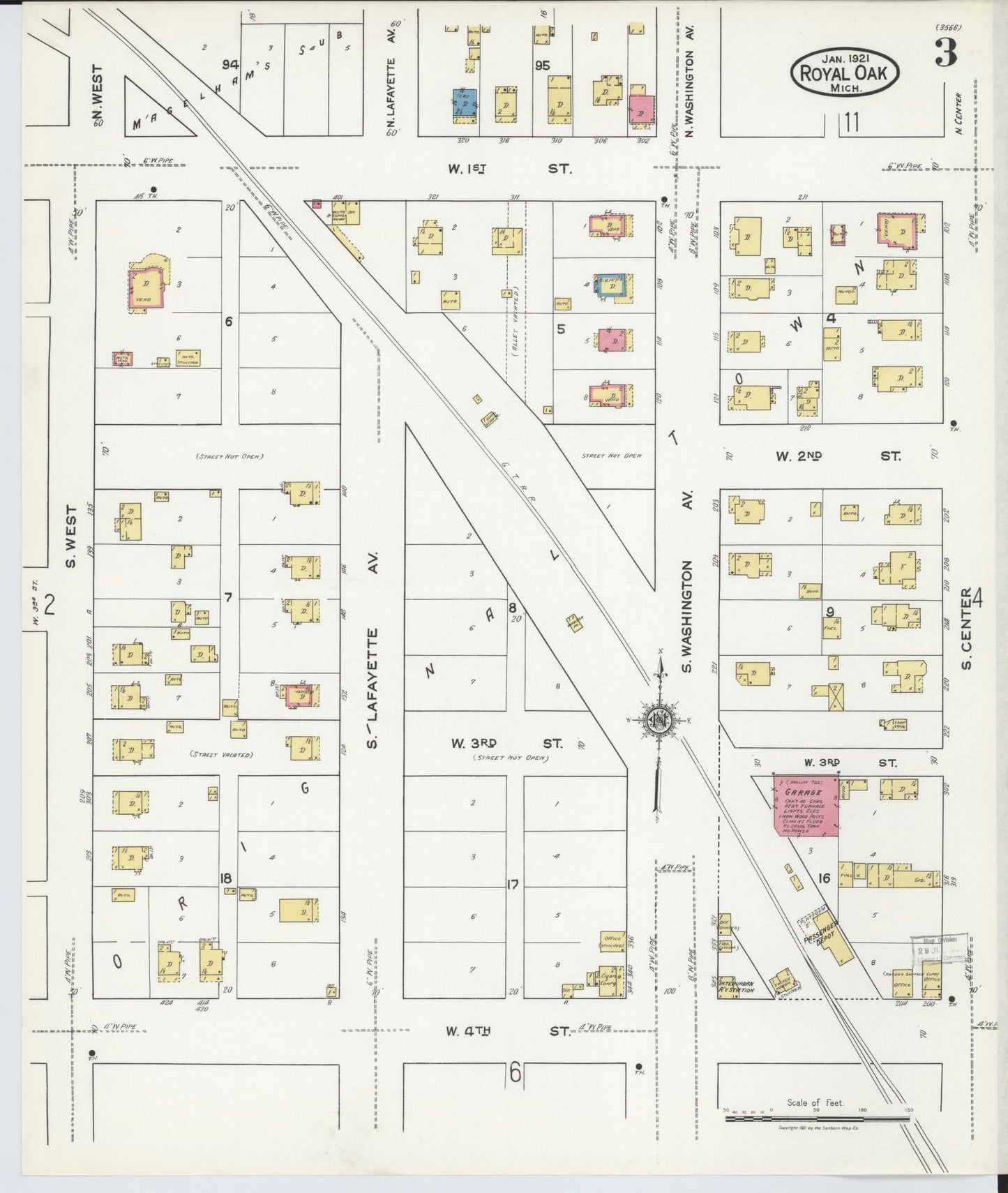 Sanborn Fire Insurance Map from Royal Oak, Oakland County, Michigan (1921), Sheet #0003 - Complete Map Set gallery image, historic Sanborn map, vintage wall art, Michigan Michigan
