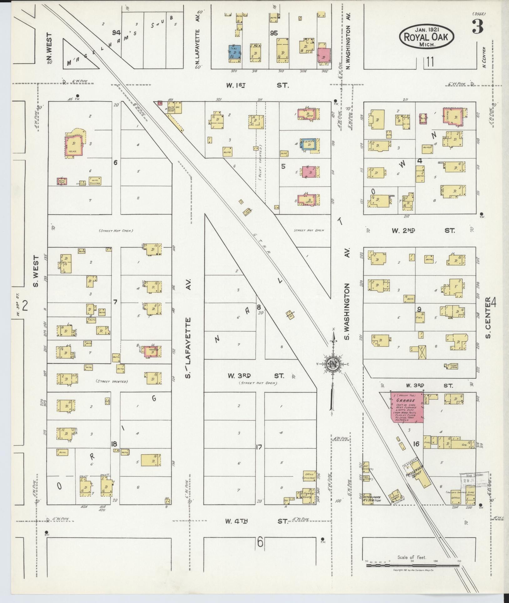 Sanborn Fire Insurance Map from Royal Oak, Oakland County, Michigan (1921), Sheet #0003 - Complete Map Set gallery image, historic Sanborn map, vintage wall art, Michigan Michigan