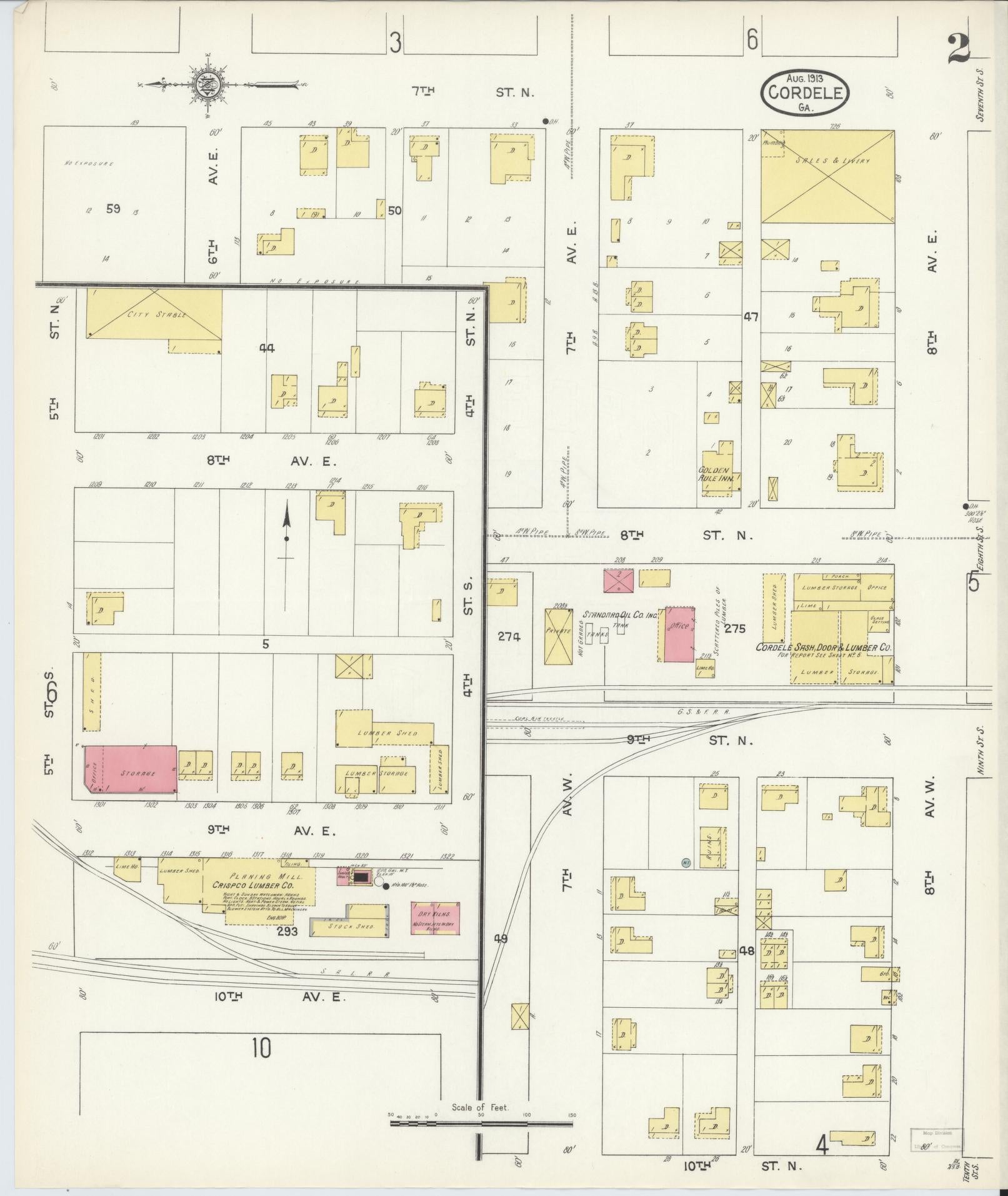 Sanborn Fire Insurance Map from Cordele, Crisp County, Georgia (1913), Sheet #0002 - Complete Map Set gallery image, historic Sanborn map, vintage wall art, Georgia Georgia