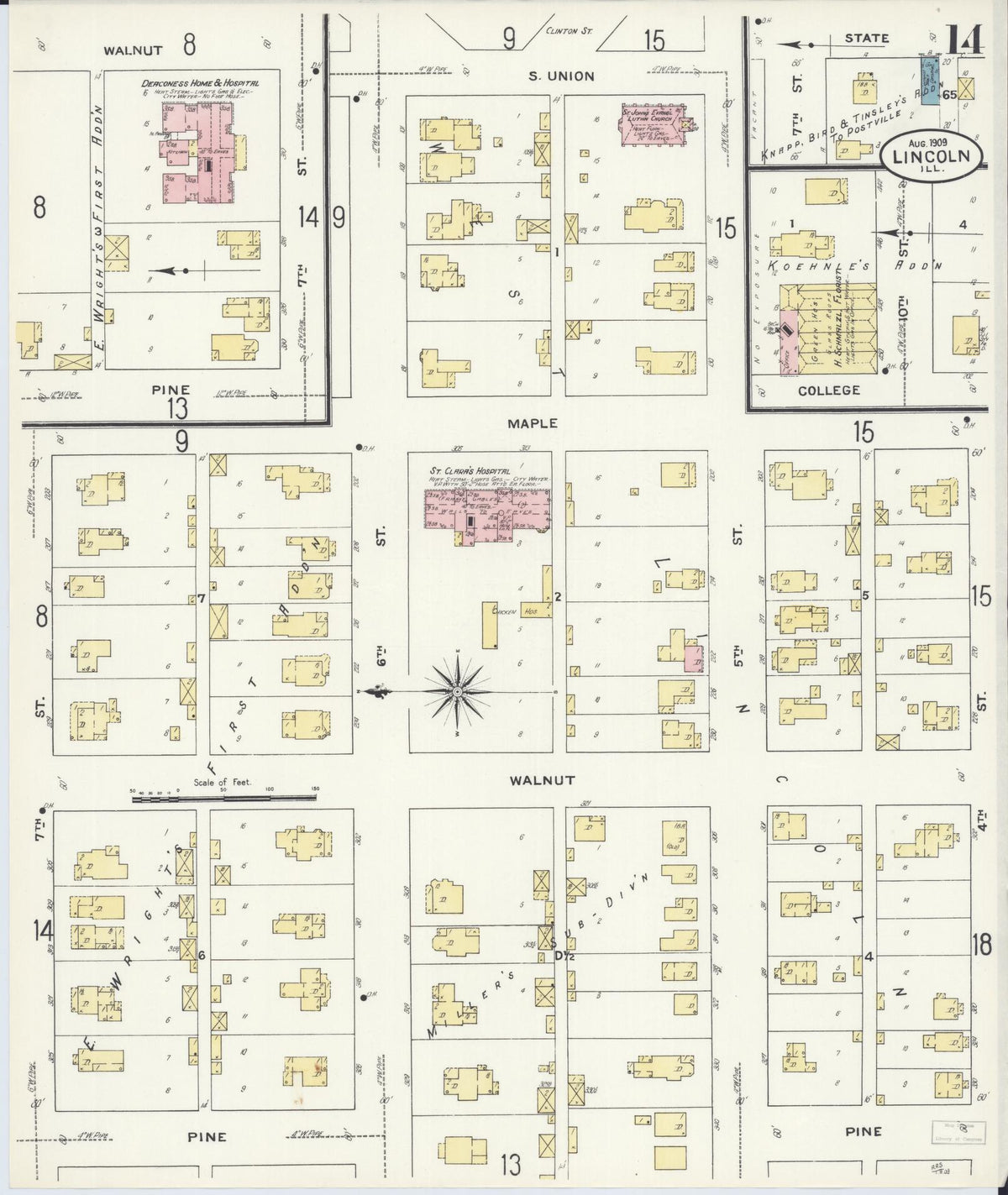 Sanborn Fire Insurance Map from Lincoln, Logan County, Illinois (1909), Sheet #0014 - Historic Sanborn Fire Insurance Map Print, vintage old map wall art, antique decor, genealogy gift, Illinois Illinois map