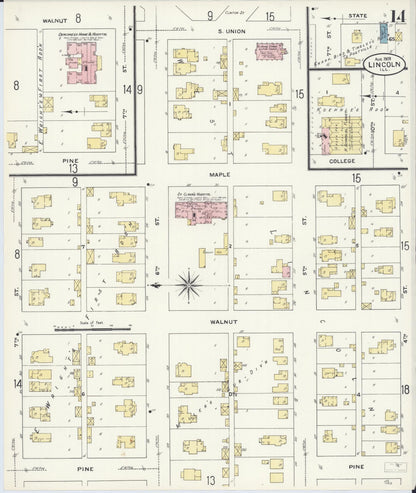 Sanborn Fire Insurance Map from Lincoln, Logan County, Illinois (1909), Sheet #0014 - Historic Sanborn Fire Insurance Map Print, vintage old map wall art, antique decor, genealogy gift, Illinois Illinois map