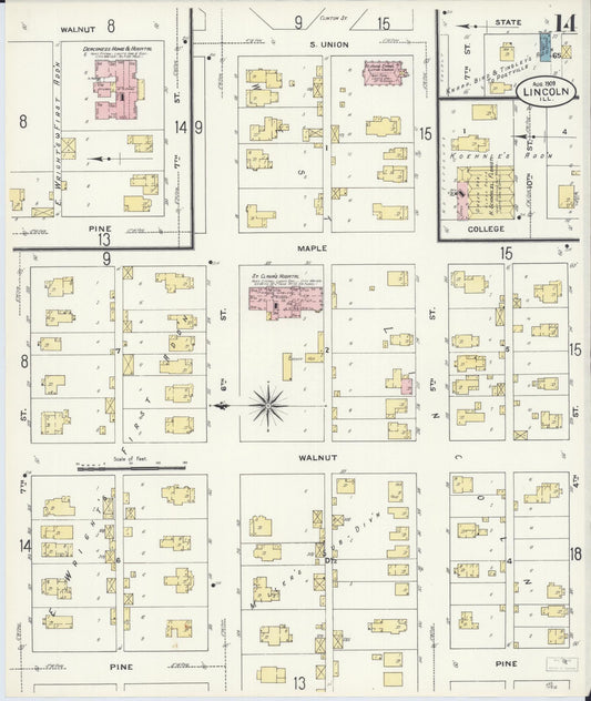 Sanborn Fire Insurance Map from Lincoln, Logan County, Illinois (1909), Sheet #0014 - Historic Sanborn Fire Insurance Map Print, vintage old map wall art, antique decor, genealogy gift, Illinois Illinois map