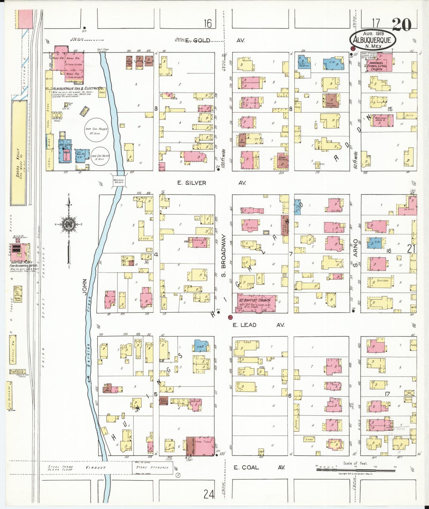 Sanborn Fire Insurance Map from Albuquerque, Bernalillo County, New Mexico (1919), Sheet #0020 - Historic Sanborn Fire Insurance Map Print, vintage old map wall art, antique decor, genealogy gift, New Mexico New Mexico map