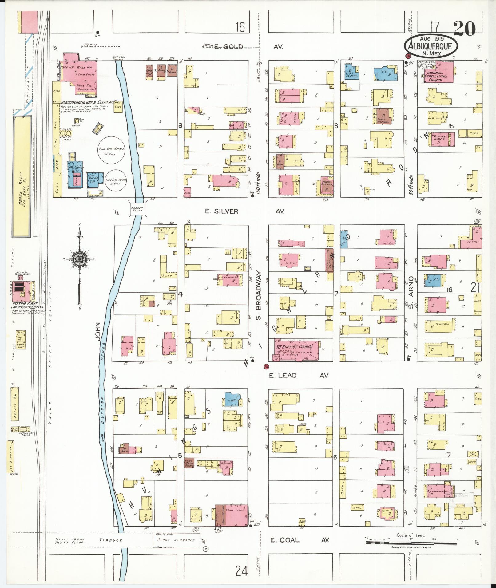 Sanborn Fire Insurance Map from Albuquerque, Bernalillo County, New Mexico (1919), Sheet #0020 - Historic Sanborn Fire Insurance Map Print, vintage old map wall art, antique decor, genealogy gift, New Mexico New Mexico map