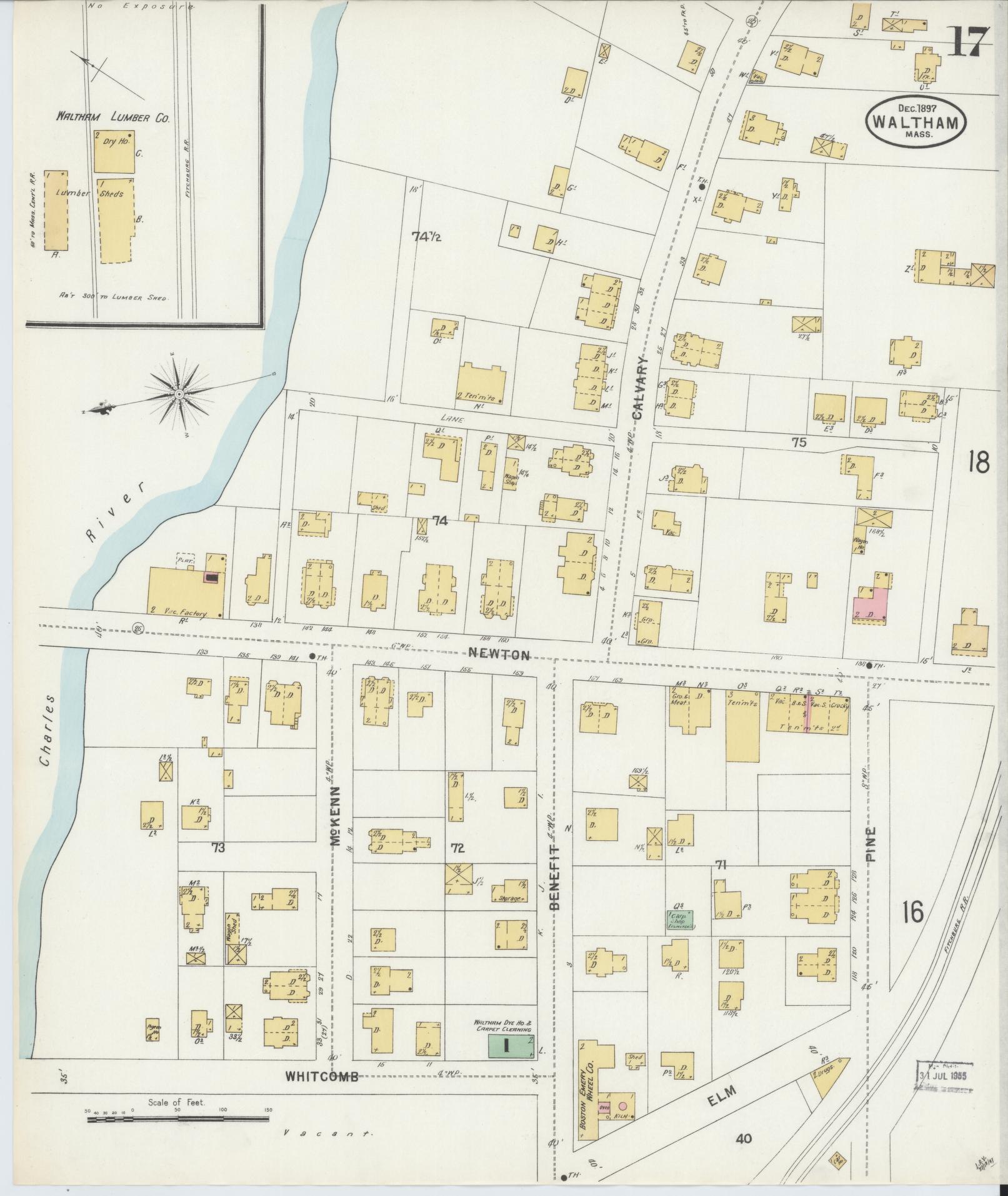 Sanborn Fire Insurance Map from Waltham, Middlesex County, Massachusetts (1897), Sheet #0017 - Complete Map Set gallery image, historic Sanborn map, vintage wall art, Massachusetts Massachusetts