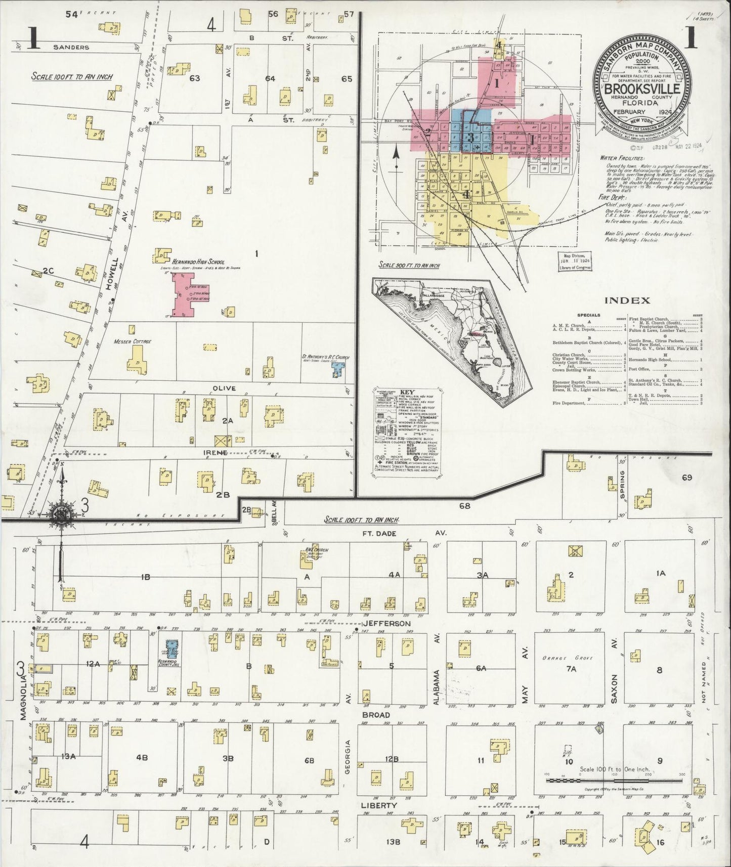 Sanborn Fire Insurance Map from Brooksville, Hernando County, Florida (1924), Sheet #0001 - Complete Map Set gallery image, historic Sanborn map, vintage wall art, Florida Florida