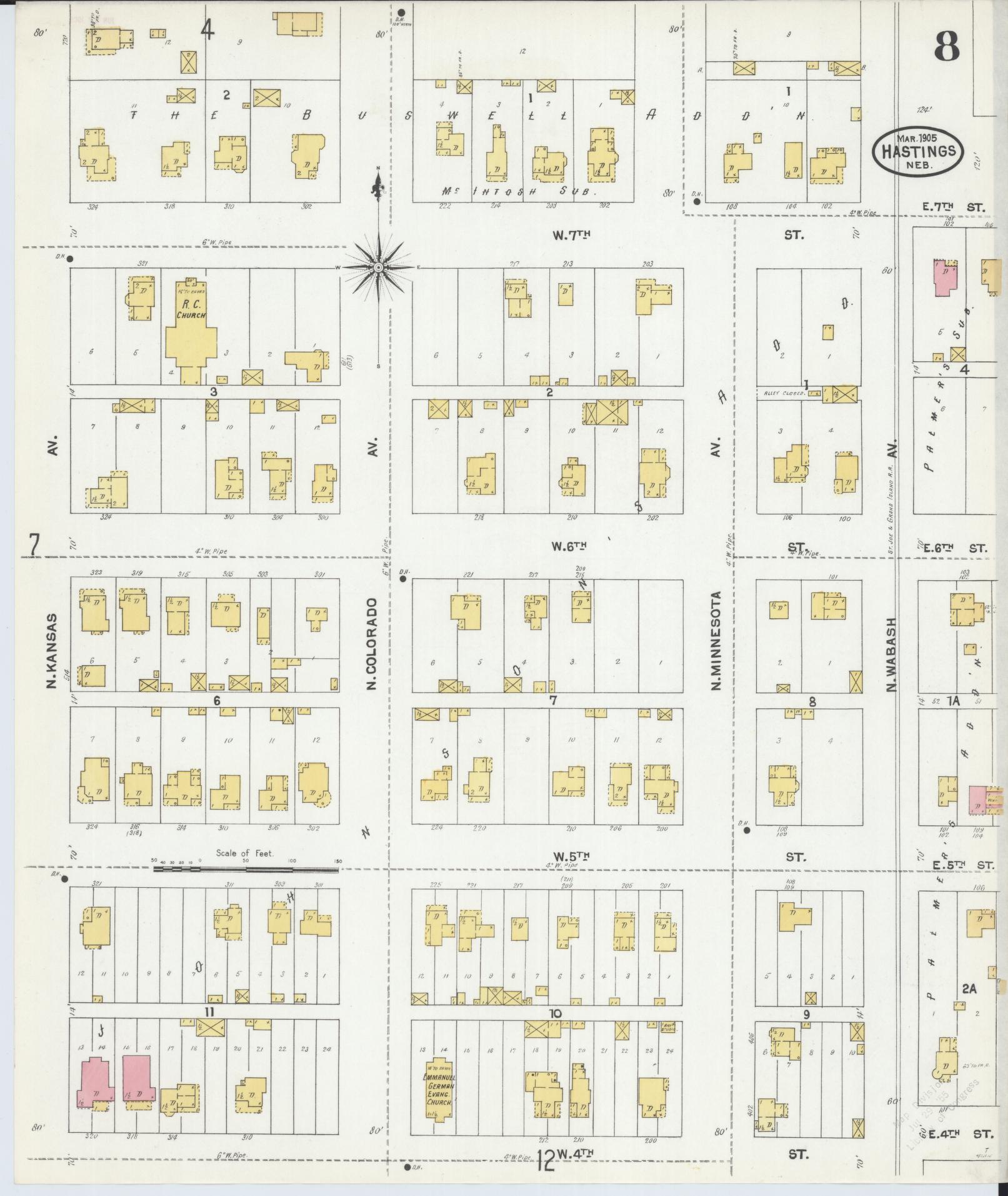 Sanborn Fire Insurance Map from Hastings, Adams County, Nebraska (1905), Sheet #0008 - Complete Map Set gallery image, historic Sanborn map, vintage wall art, Nebraska Nebraska