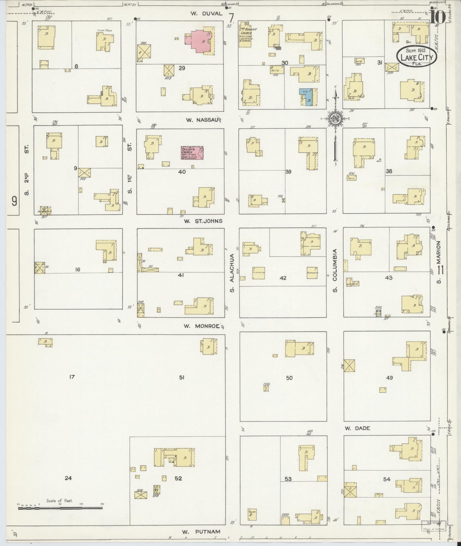 Sanborn Fire Insurance Map from Lake City, Columbia County, Florida (1912), Sheet #0010 - Complete Map Set gallery image, historic Sanborn map, vintage wall art, Florida Florida