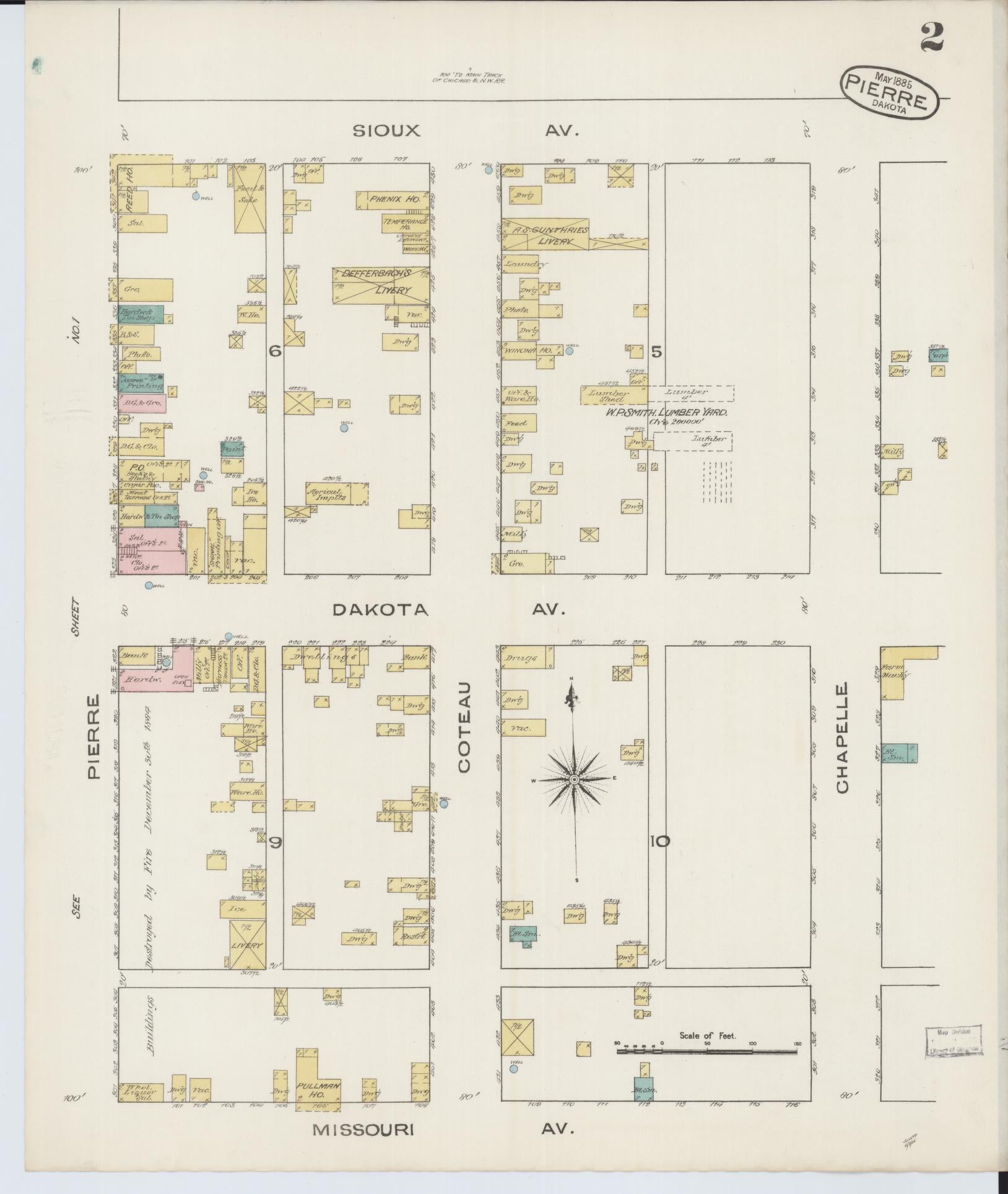 Sanborn Fire Insurance Map from Pierre, Hughes County, South Dakota (1885), Sheet #0002 - Historic Sanborn Fire Insurance Map Print, vintage old map wall art, antique decor, genealogy gift, South Dakota South Dakota map