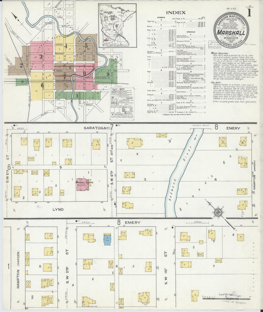Sanborn Fire Insurance Map from Marshall, Lyon County, Minnesota (1917), Sheet #0001 - Historic Sanborn Fire Insurance Map Print, vintage old map wall art, antique decor, genealogy gift, Minnesota Minnesota map
