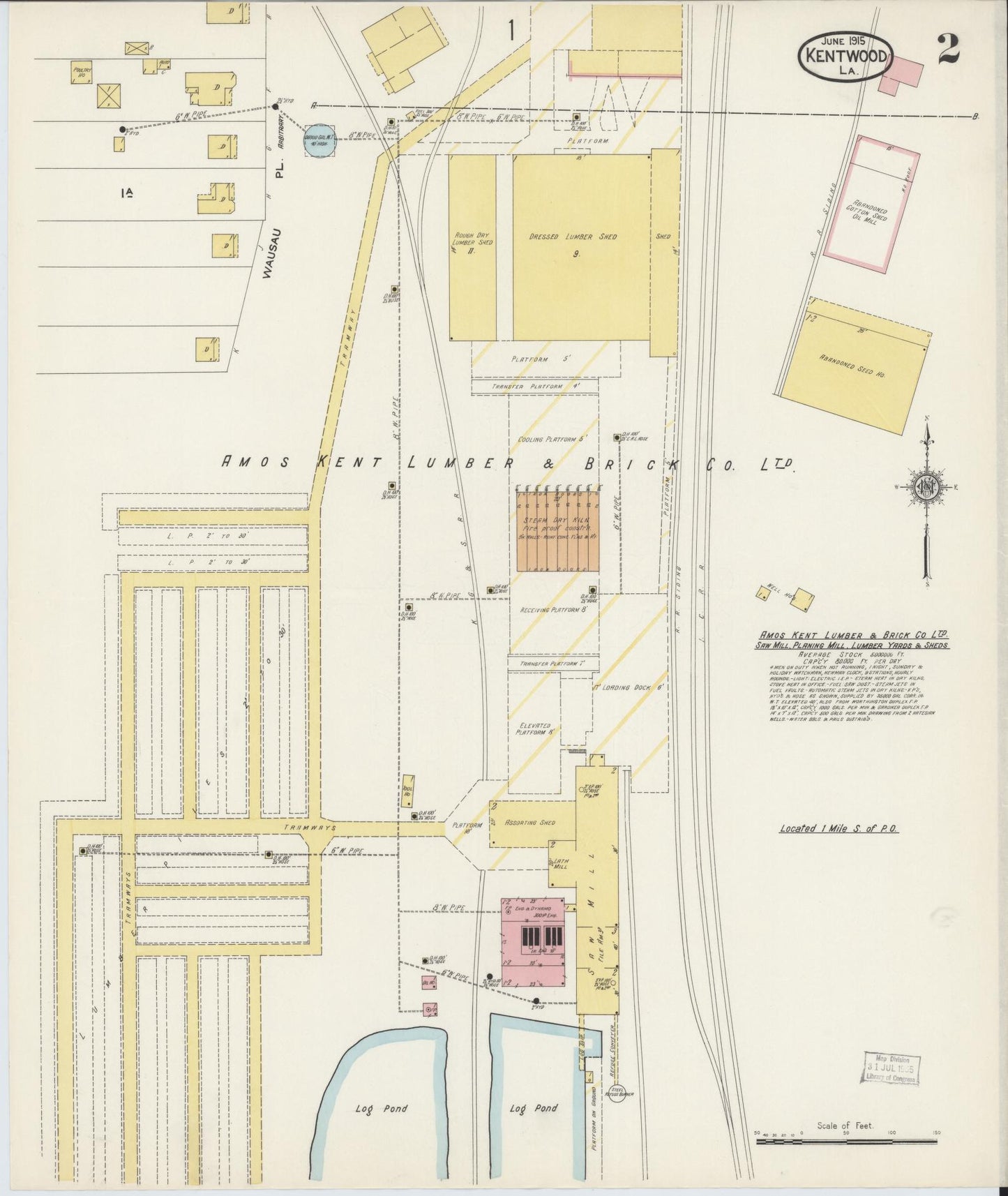Sanborn Fire Insurance Map from Kentwood, Tangipahoa Parish, Louisiana (1915), Sheet #0002 - Historic Sanborn Fire Insurance Map Print, vintage old map wall art, antique decor, genealogy gift, Louisiana Louisiana map