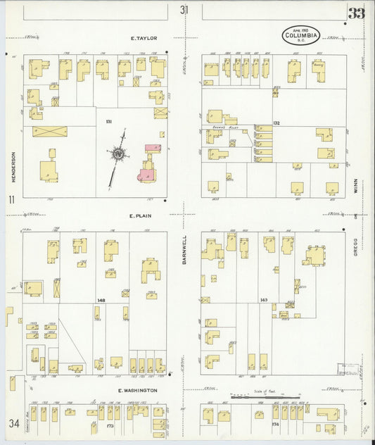 Sanborn Fire Insurance Map from Columbia, Richland County, South Carolina (1910), Sheet #0033 - Historic Sanborn Fire Insurance Map Print, vintage old map wall art, antique decor, genealogy gift, South Carolina South Carolina map