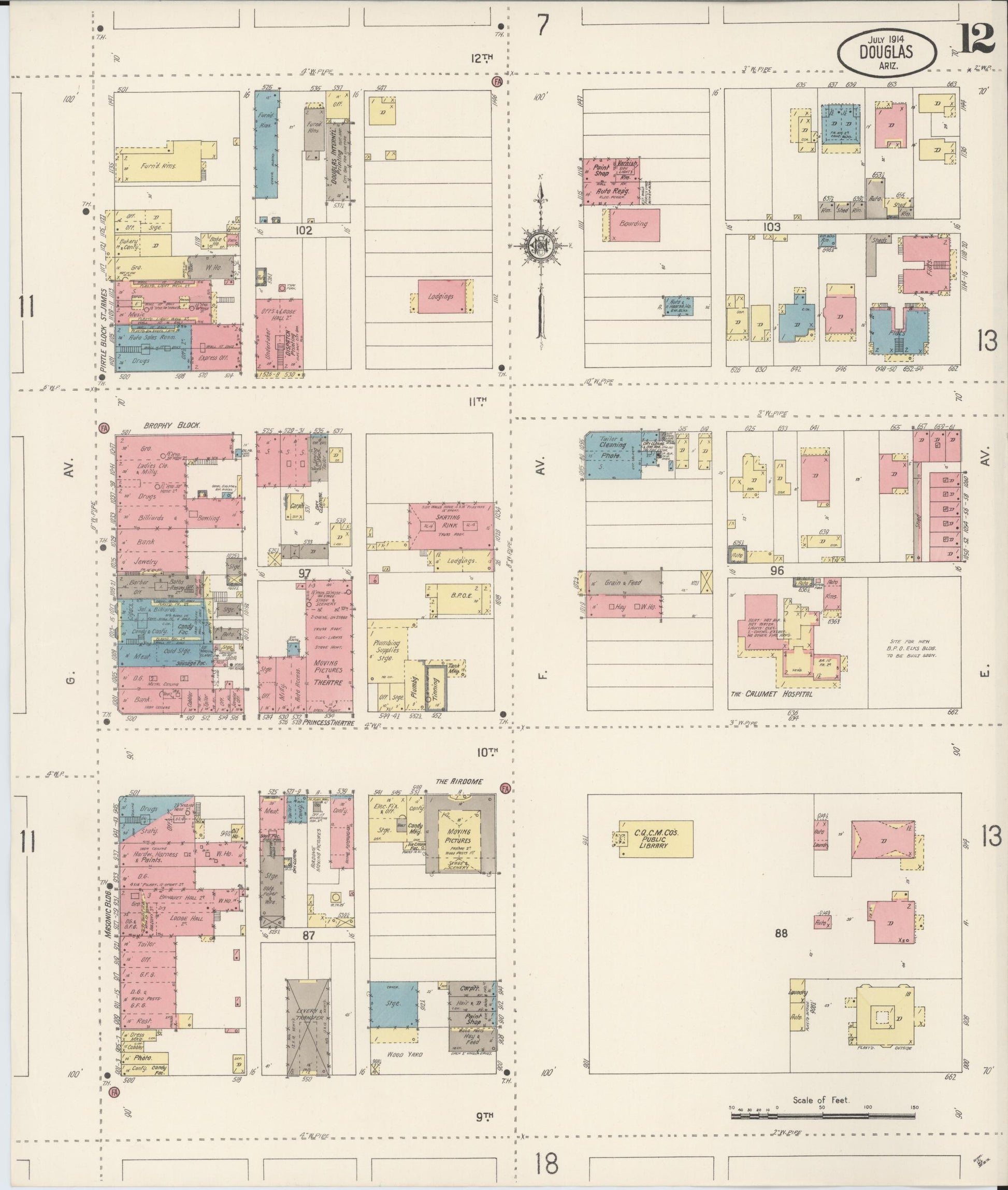 Sanborn Fire Insurance Map from Douglas, Cochise County, Arizona (1914), Sheet #0012 - Historic Sanborn Fire Insurance Map Print, vintage old map wall art, antique decor, genealogy gift, Arizona Arizona map