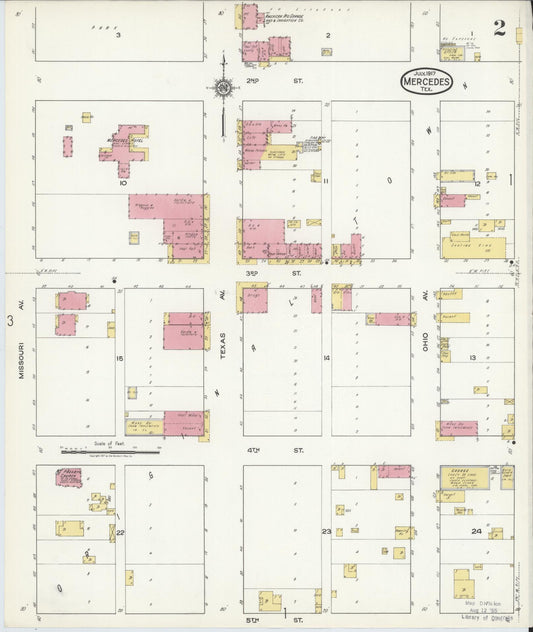 Sanborn Fire Insurance Map from Mercedes, Hidalgo County, Texas (1917), Sheet #0002 - Historic Sanborn Fire Insurance Map Print, vintage old map wall art, antique decor, genealogy gift, Texas Texas map