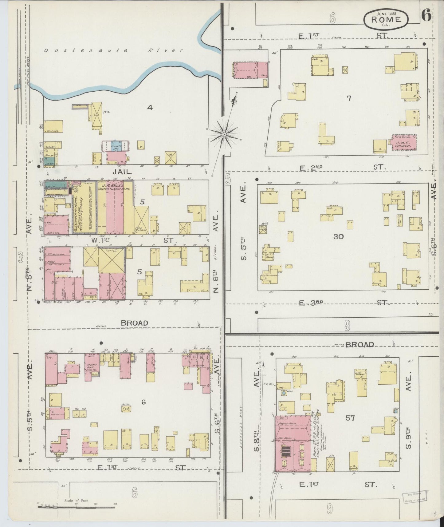 Sanborn Fire Insurance Map from Rome, Floyd County, Georgia (1893), Sheet #0006 - Complete Map Set gallery image, historic Sanborn map, vintage wall art, Georgia Georgia