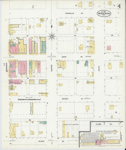 Sanborn Fire Insurance Map from Weatherford, Custer County, Oklahoma (1909), Sheet #0004 - Historic Sanborn Fire Insurance Map Print, vintage old map wall art, antique decor, genealogy gift, Oklahoma Oklahoma map