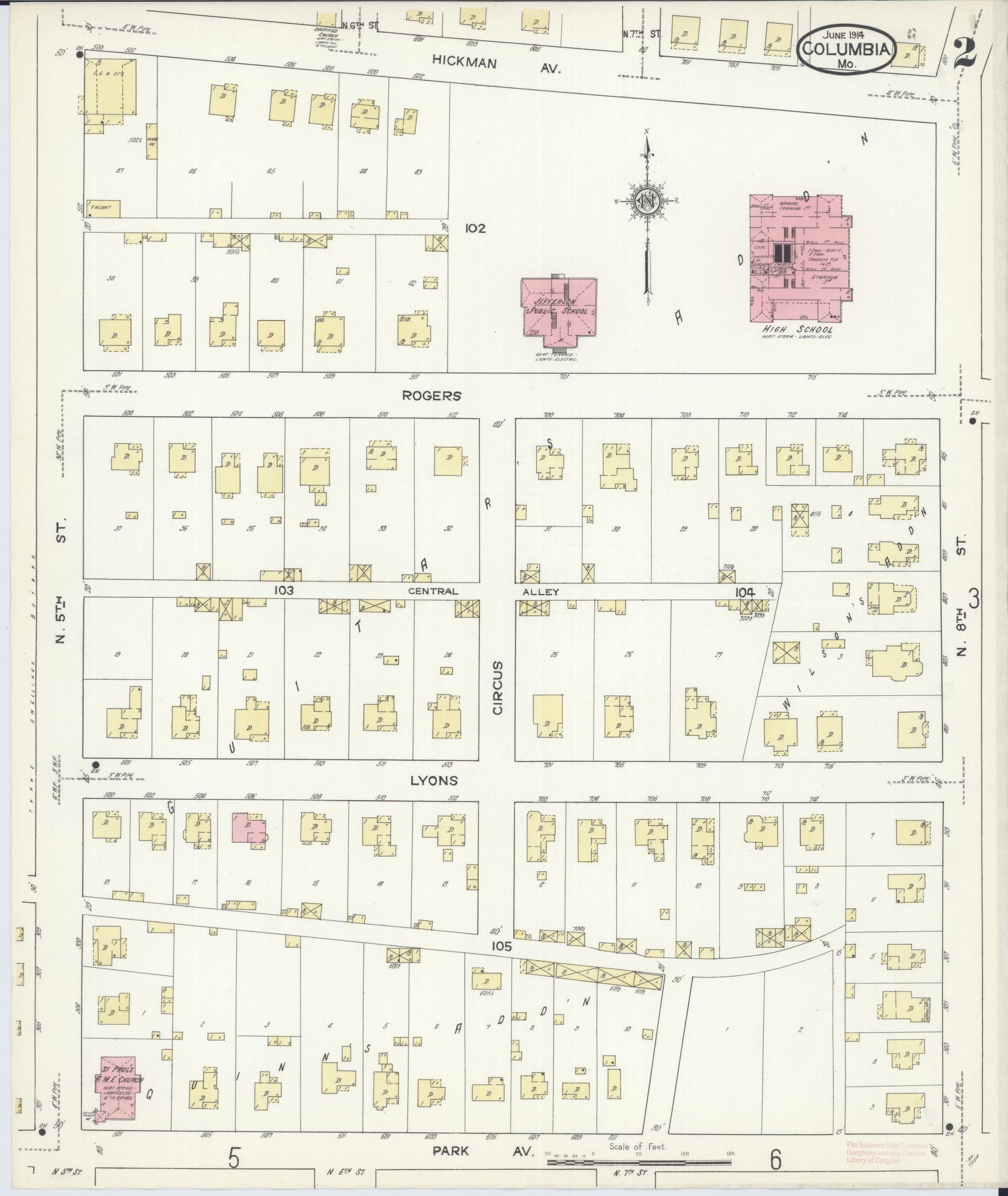Sanborn Fire Insurance Map from Columbia, Boone County, Missouri (1914), Sheet #0002 - Complete Map Set gallery image, historic Sanborn map, vintage wall art, Missouri Missouri