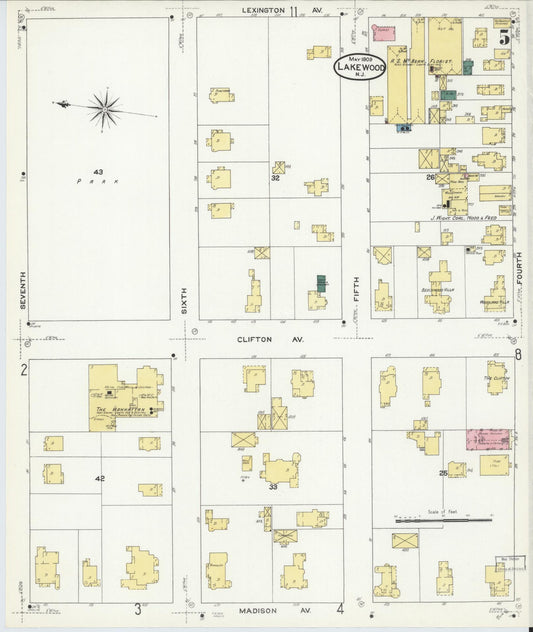 Sanborn Fire Insurance Map from Lakewood, Ocean County, New Jersey (1909), Sheet #0005 - Historic Sanborn Fire Insurance Map Print, vintage old map wall art, antique decor, genealogy gift, New Jersey New Jersey map