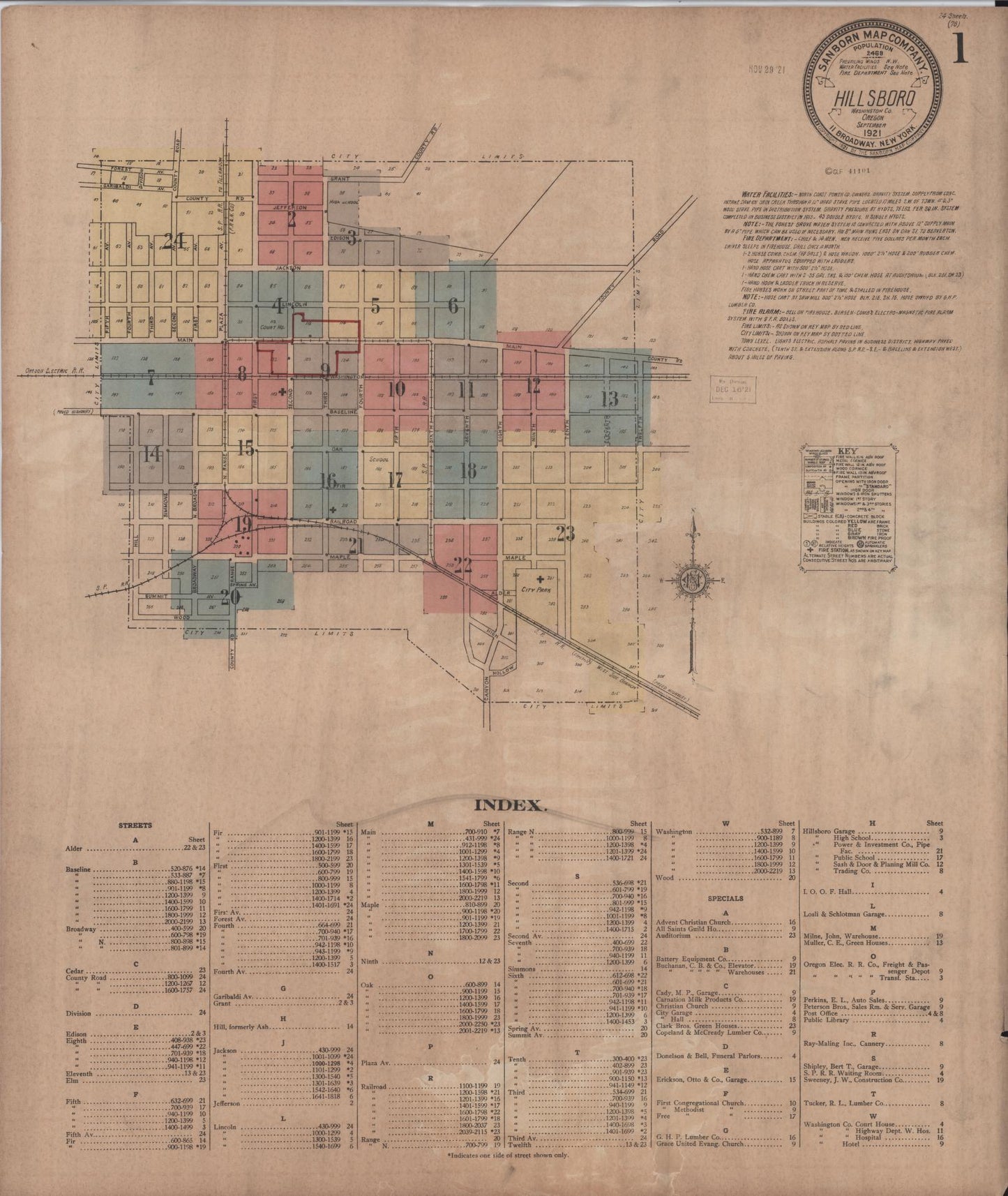 Sanborn Fire Insurance Map from Hillsboro, Washington County, Oregon (1921), Sheet #0001 - Complete Map Set gallery image, historic Sanborn map, vintage wall art, Oregon Oregon