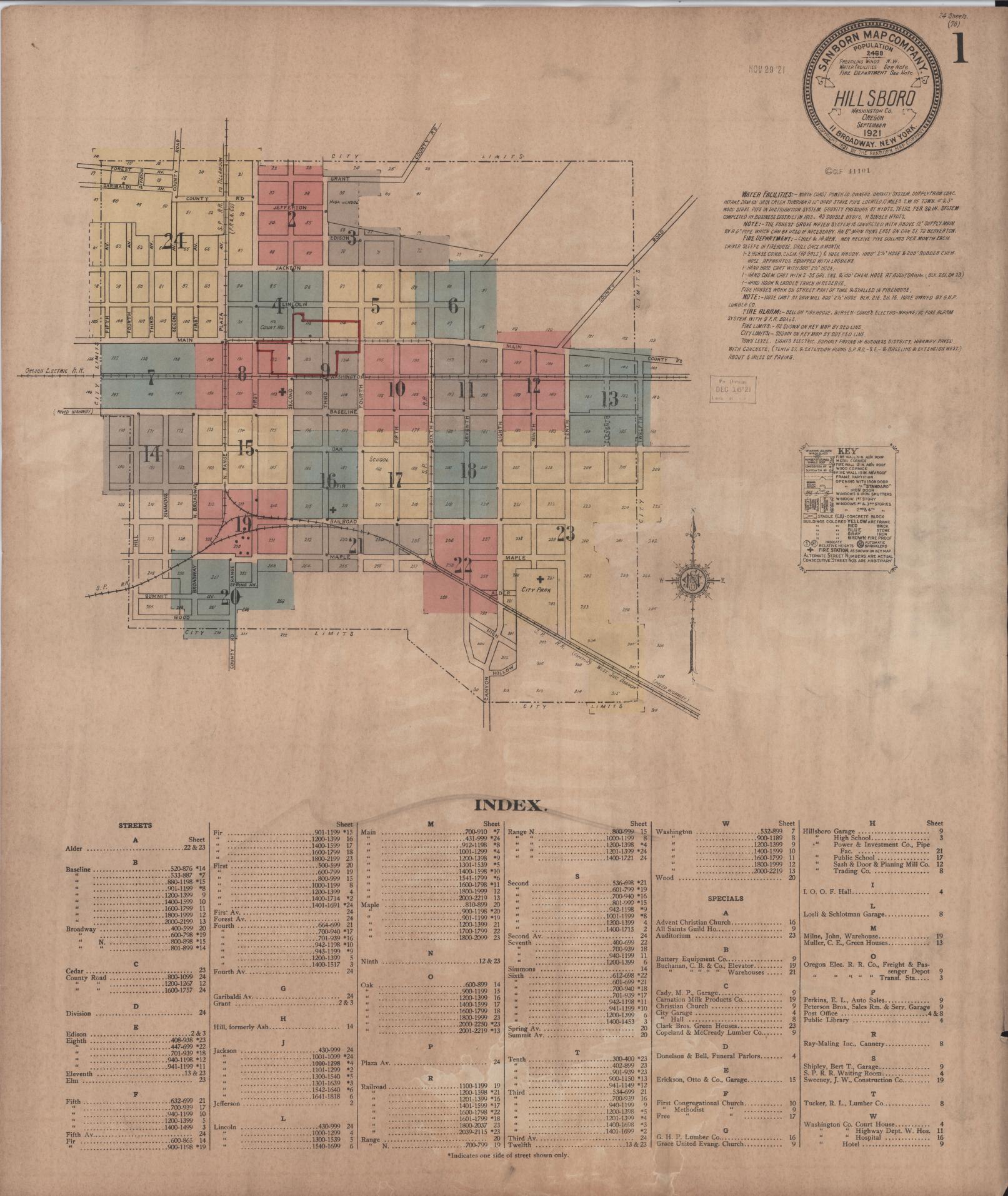 Sanborn Fire Insurance Map from Hillsboro, Washington County, Oregon (1921), Sheet #0001 - Complete Map Set gallery image, historic Sanborn map, vintage wall art, Oregon Oregon