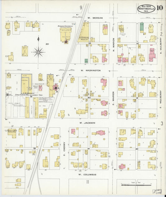 Sanborn Fire Insurance Map from Martinsville, Morgan County, Indiana (1908), Sheet #0010 - Historic Sanborn Fire Insurance Map Print, vintage old map wall art, antique decor, genealogy gift, Indiana Indiana map